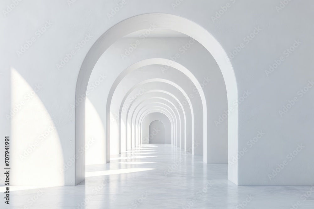 Modern White Concrete Gallery Interior with Archways and Mock Up Wall. 3D Rendering for Home Design and Exhibition Advertisement