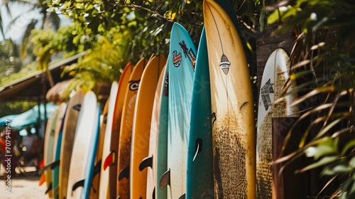 Assortment of Surfboards Stacked Against a Tropical Background