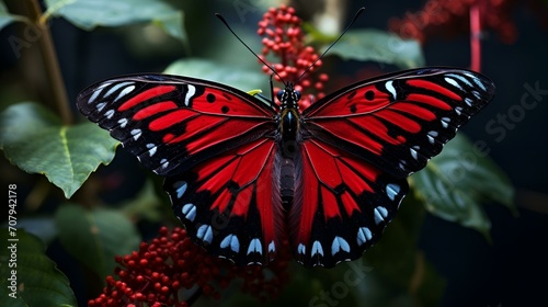 Photo of a close-up shot of a colorful, exotic butterfly on a flower.