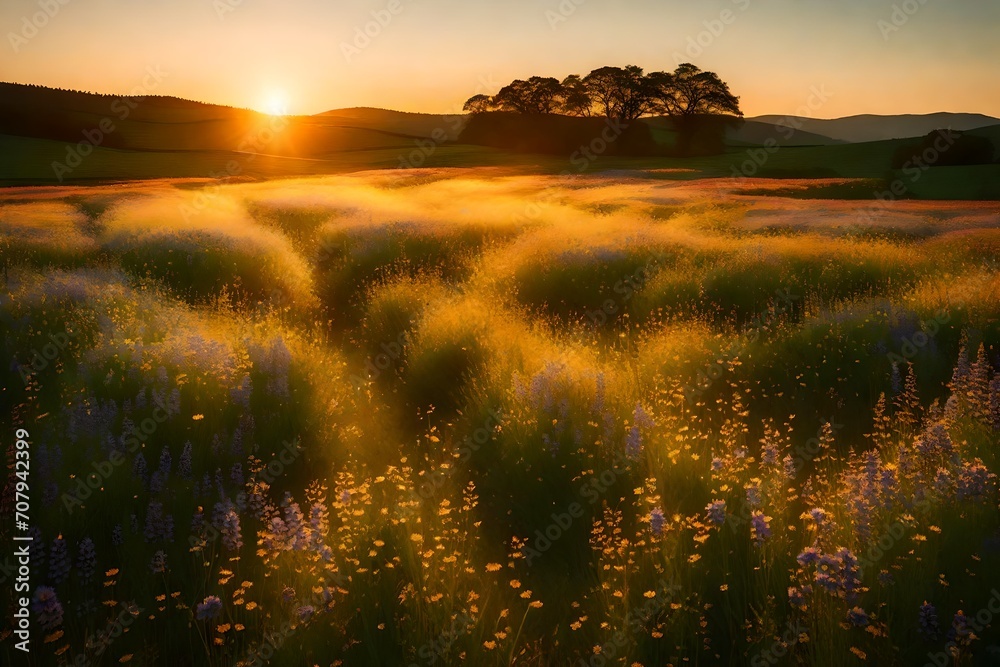 The sun setting behind a picturesque meadow filled with wildflowers, casting a golden glow over the landscape, creating a serene and tranquil springtime scene.