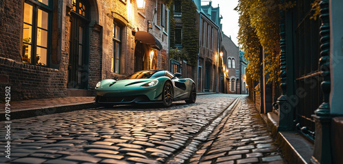 A mint green supercar parked in a cobblestone alley, old town charm around
