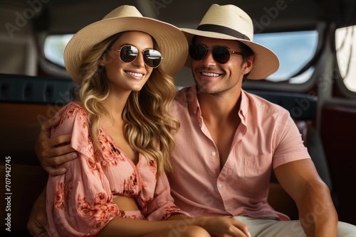 Happy couple wearing straw hats and sunglasses, sitting on the airplane during flight. Concept about travel, lifestyle and happiness. Vacation time