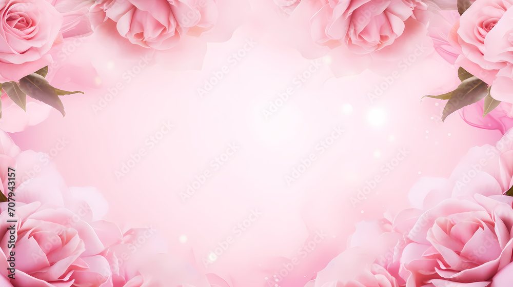 Pink rose composition background, decorative flower background pattern, floral border background Pink rose composition background, decorative flower background pattern, floral border background