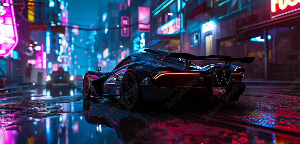 A neon-lit supercar in a cyberpunk cityscape, reflections of neon signs flickering over its sleek body