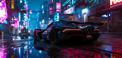 A neon-lit supercar in a cyberpunk cityscape, reflections of neon signs flickering over its sleek body © Nazish