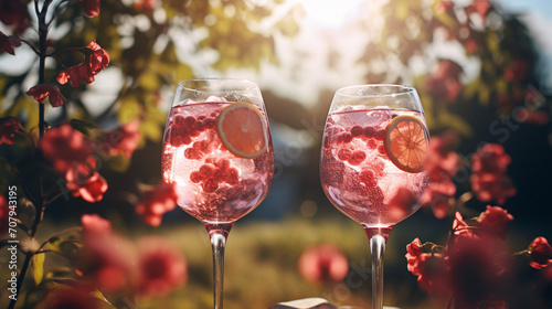 Product photograph of Two Gin Tonic sparkling cocktail with lime in a field of blooming flowers. Sunlight. Red color palette. Drinks. 