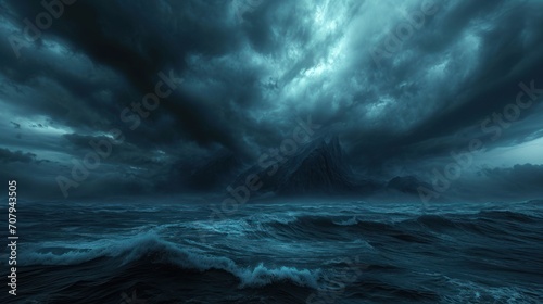 Black-blue sky, ghostly clouds, and a foreboding ocean, evoking mystery and darkness
