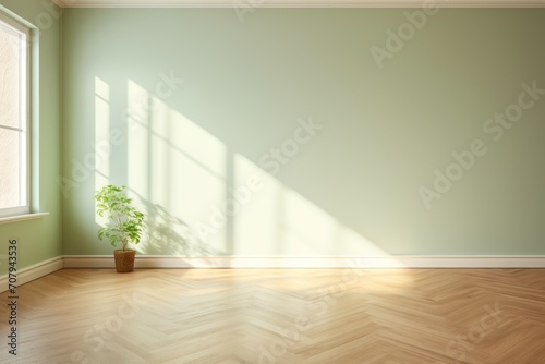 Light green wall and wooden parquet floor, sunrays and shadows from window