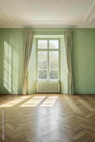 Light green wall and wooden parquet floor  sunrays and shadows from window
