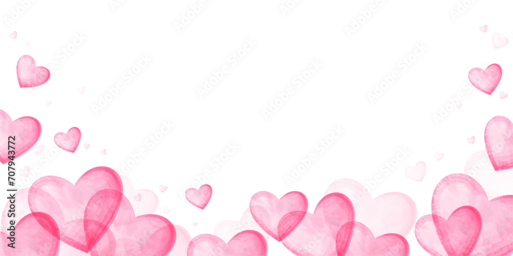 Horizontal background of pink watercolor hearts for congratulations on Valentine's Day. Design for decorating a wedding card. Vector illustration.