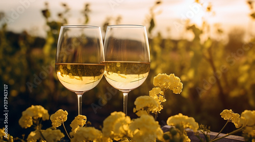 Product photograph of Two Wine glass in a field of blooming flowers. Sunlight. Yellow color palette. Drinks. 