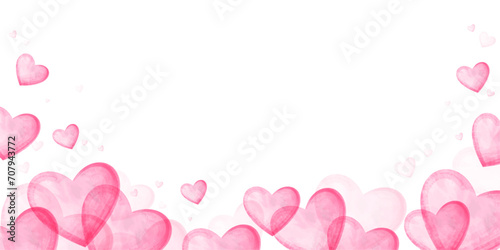 Horizontal background of pink watercolor hearts for congratulations on Valentine's Day. Design for decorating a wedding card. Vector illustration.