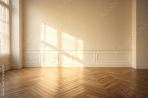 Light ivory wall and wooden parquet floor, sunrays and shadows from window  © GalleryGlider