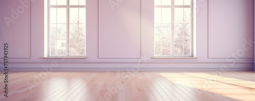 Light lavender wall and wooden parquet floor, sunrays and shadows from window
