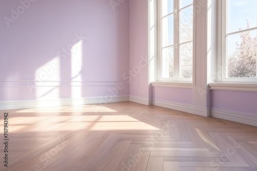 Light lavender wall and wooden parquet floor, sunrays and shadows from window