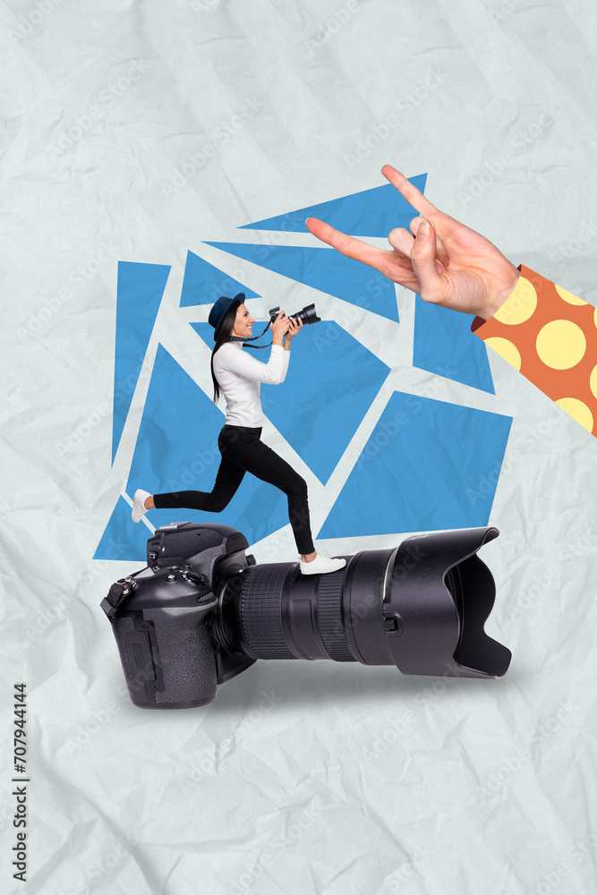 Φωτογραφία Vertical photo collage of professional photographer woman wear stylish outfit an