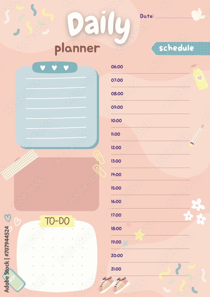 Daily school student planner, cute colors, cartoon elements, schedule, note, to do list
