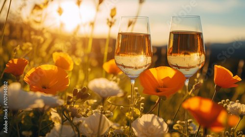 Product photograph of Two Wine glass in a field of blooming flowers. Sunlight. Orange color palette. Drinks. 