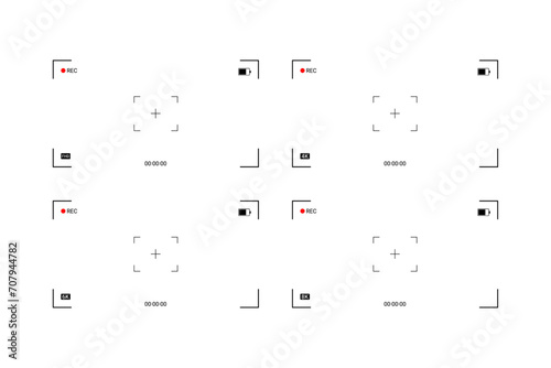 Vector set of FHD, 4K, 6K, and 8K video camera frame viewfinder overlay screen.