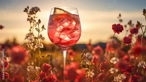 Product photograph of Gin Tonic sparkling cocktail with lime in a field of blooming flowers. Sunlight. Red color palette. Drinks. 