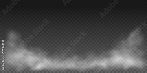 Fog or smoke, white smog clouds on floor, isolated transparent special effect. Vector illustration, morning fog over land or water surface,
magic haze. photo