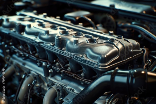 A detailed view of the engine in a car. This image can be used to showcase automotive technology and mechanics