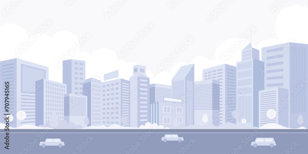 Light purple cityscape background, tall buildings, cars, and trees in the city. Monochrome urban landscape with white clouds in the sky. Modern flat-style architectural vector illustration.