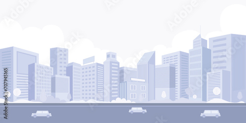 Light purple cityscape background, tall buildings, cars, and trees in the city. Monochrome urban landscape with white clouds in the sky. Modern flat-style architectural vector illustration.