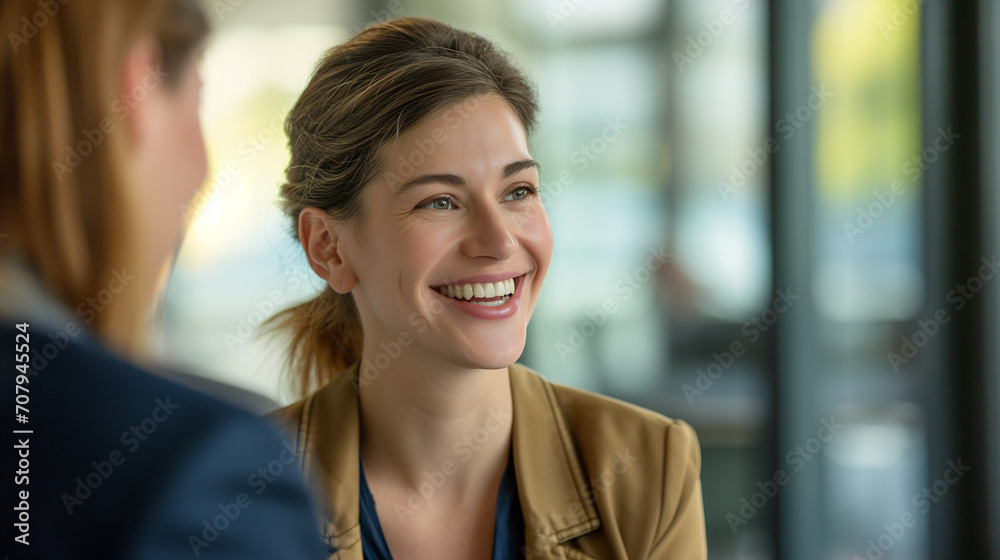 Professional Businesswoman in Job Interview with HR, Engaging in Positive Interaction, Successful Meeting in Formal Office Environment, 30-35 Years Old, Smiling, Business Dress, Agreement Conclusion