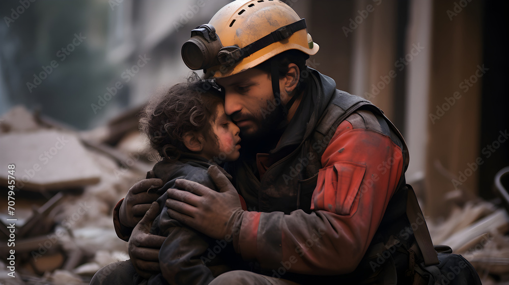 A rescue worker in warzone or earthquake comforting a survivor child A rescue worker in warzone or earthquake comforting a survivor child