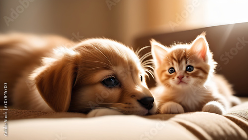 little kitten and puppy lie next to each other, cute babies