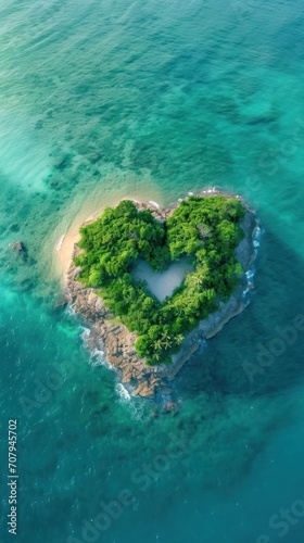  An aerial view of a paradise island shaped like a heart, creating a romantic and dreamy atmosphere for a perfect holiday getaway.