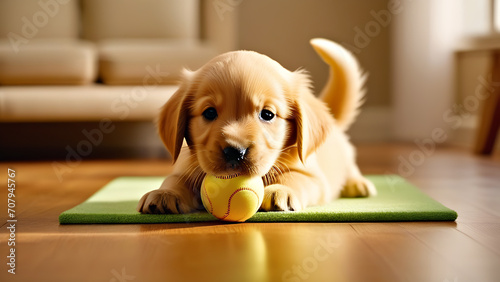 little golden retriever puppy playing ball on the mat at home