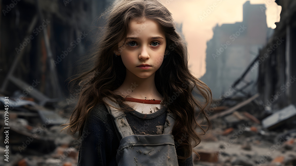 A sad girl stands against a collapsed building area, natural disaster victim