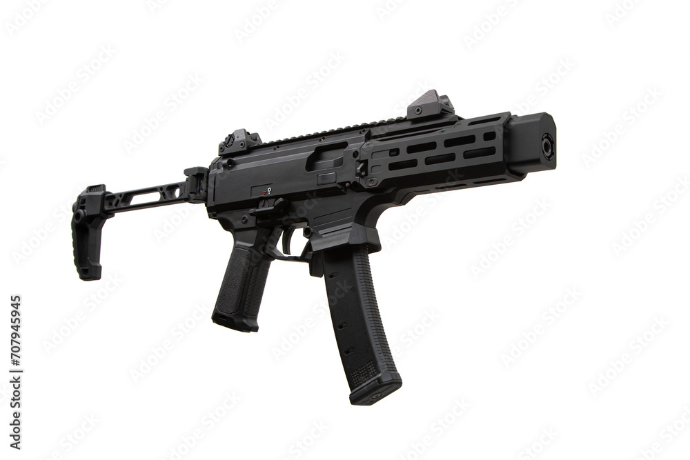 A modern automatic PCC carbine chambered for 9mm pistol caliber. Weapons for the police, army and special units. Isolate on a white back