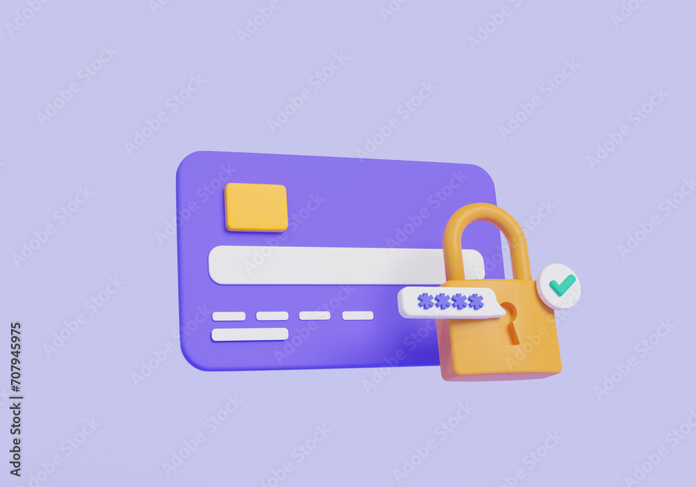 Credit card with padlock and password and approved. Payment protection concept. secure credit card transaction, password security access, secure payment, online payment. 3d icon rendering illustration Credit card with padlock and password and approved. Payment protection concept. secure credit card transaction, password security access, secure payment, online payment. 3d icon rendering illustration