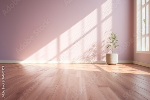 Light mauve wall and wooden parquet floor, sunrays and shadows from window