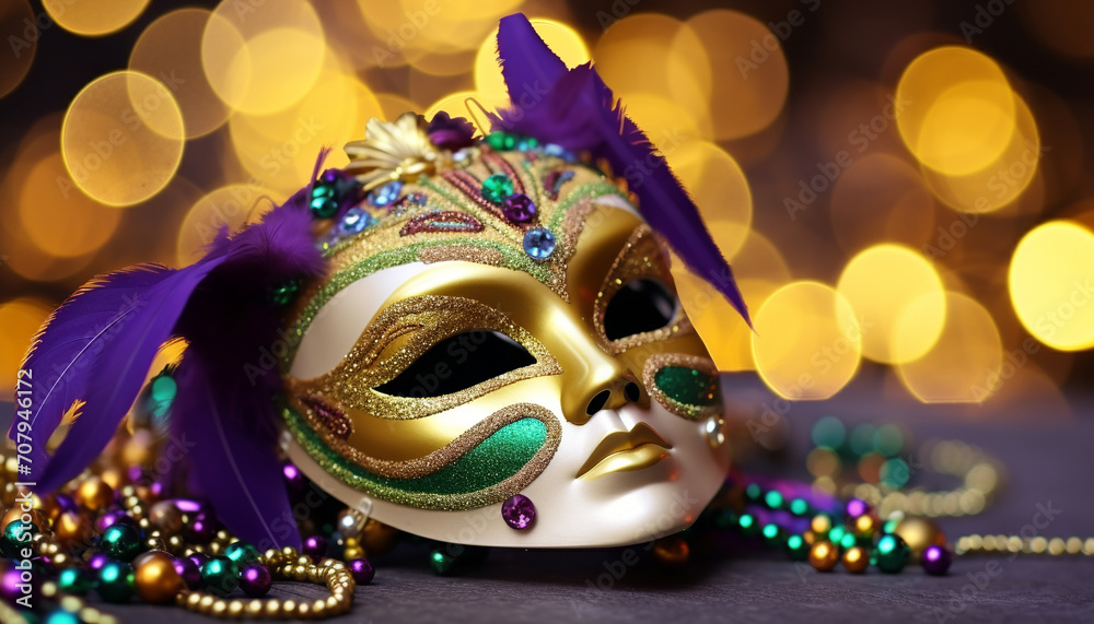 Mardi Gras celebration, costume, mask, party, glitter, purple generated by AI