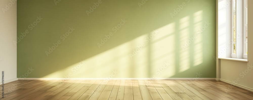 Light olive wall and wooden parquet floor, sunrays and shadows from window  - obrazy, fototapety, plakaty 