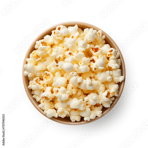 top view photography of a bowl of popcorn isolated on a transparent background created with Generative Ai