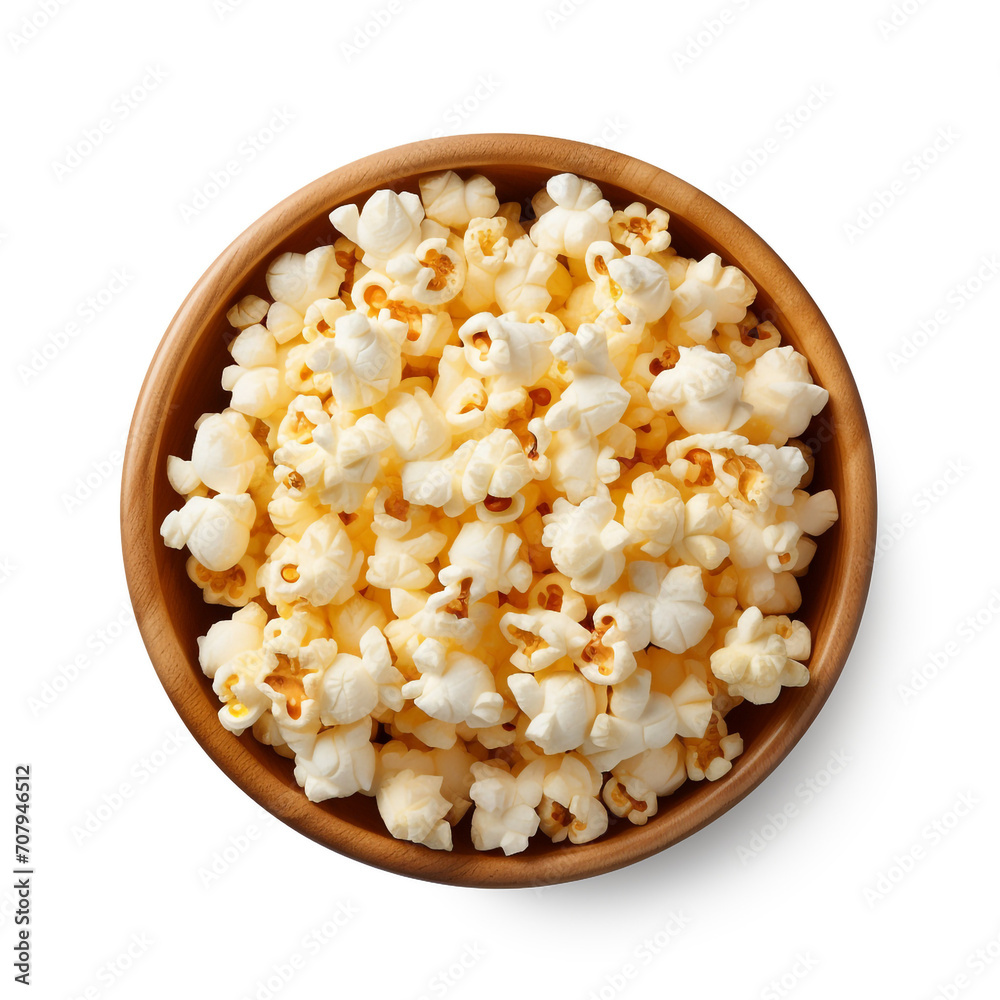 top view photography of a bowl of popcorn isolated on a transparent background created with Generative Ai