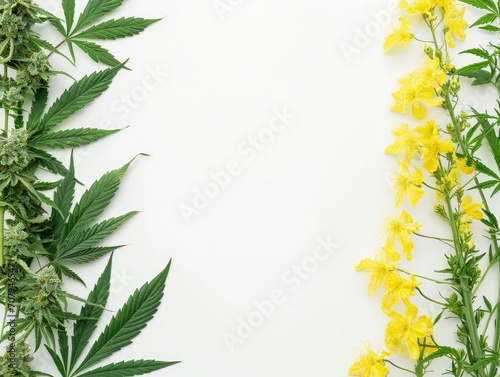 Cannabis on the left side of picture and rapeseed on the right side  white background