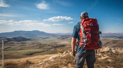 Hiker gazing at the beauty of nature while perched on a mountain with a backpack, Generative AI.