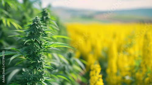 Lush cannabis on the left side of picture and lush rapeseed on the right side, free space for text in the middle