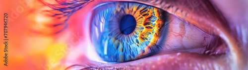 Close-up of the human eye. The concept of cybersecurity. Industrial espionage. Cybernetics. Artificial intelligence.