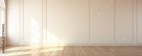 Light pearl wall and wooden parquet floor, sunrays and shadows from window