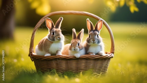 Beautiful Easter bunnies in a basket on the blurred garden background 