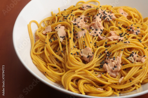 spaghetti with foie grass as gourmet italian french food