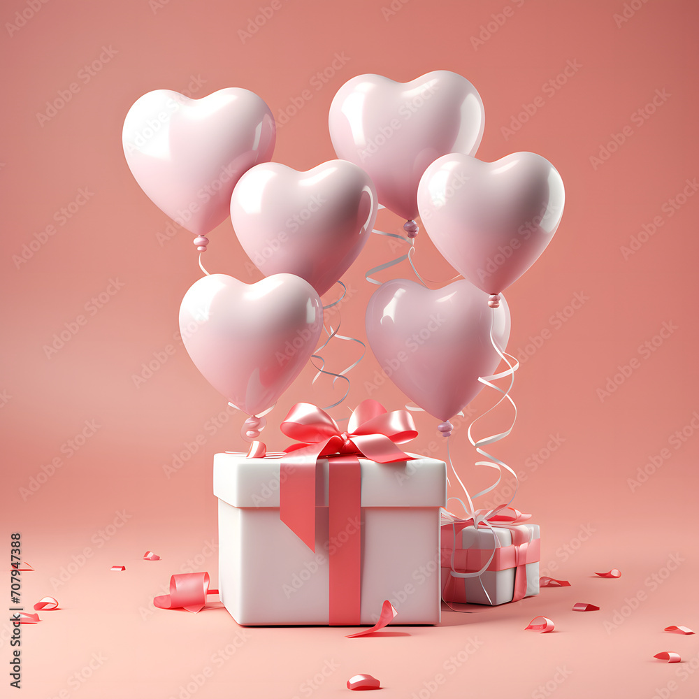 3D Heart Shaped Balloons and Gift Boxes Flying on Pink Background, Valentine's Day Concept.