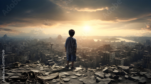 Lonely child looks down to ruined city after earthquake photo